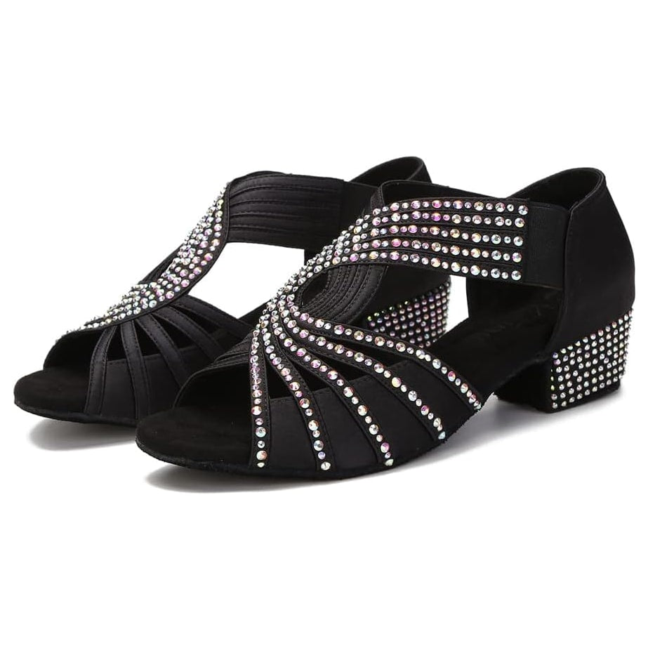 pair of black satin low heel dance shoes for women with AB rhinestone fan straps and studded block heel