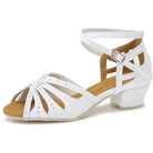white satin wedding dance shoe for women with low block heel and rhinestone-trimmed straps