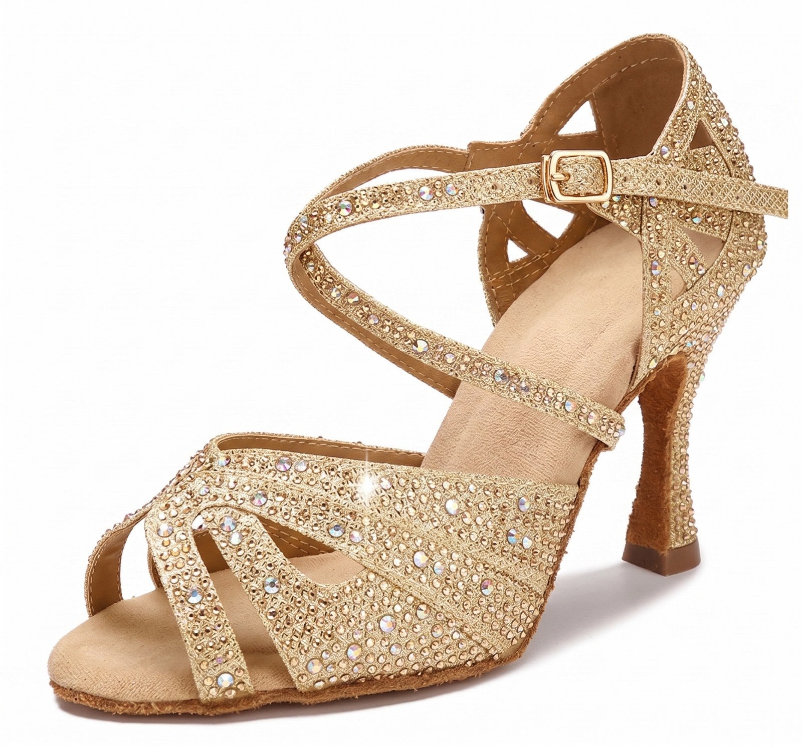 Gold rhinestone latin dance shoes side view, open toe salsa heels with crystal paved vamp, flared heel and crossed ankle strap