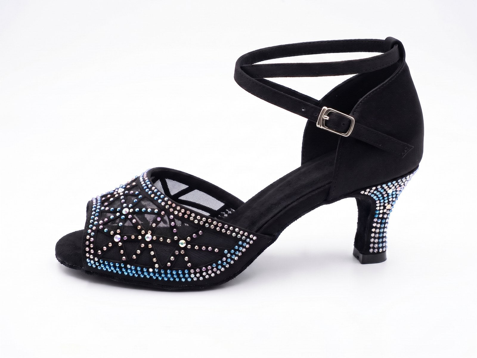 Black satin latin dance shoes side view, mesh vamp with an aurora borealis rhinestone starburst, crystal faced flared heel and crossed ankle strap