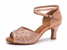 Nude satin latin dance shoes side view, mesh vamp traced in clear rhinestones, crystal faced flared heel and crossed ankle strap