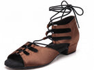 Coffee brown satin latin dance shoes side view, lace-up open toe salsa shoes with ladder cut-outs and low Cuban block heel