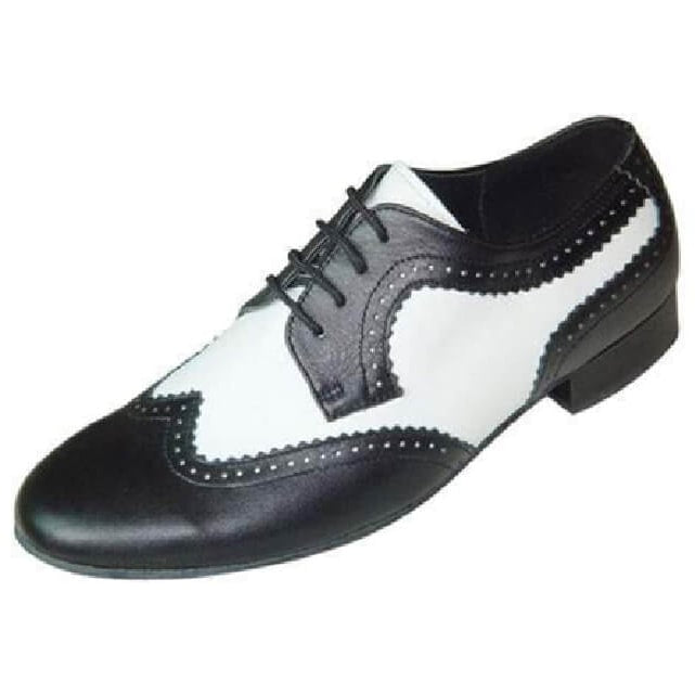 men's black and white leather ballroom dance shoe in a brogue wingtip pattern with a flat block heel