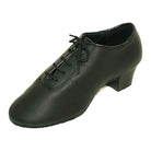 men's black leather latin dance shoe with a lace-up front, plain toe and a low block cuban heel