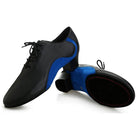 pair of men's black leather latin dance shoes with a blue suede heel counter and a low block cuban heel