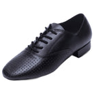 men's black leather latin dance shoe with a perforated toe, lace-up front and a low block cuban heel
