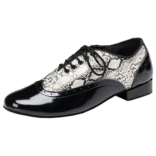 men's black patent leather ballroom dance shoe with snakeskin print brogue panels and a flat block heel