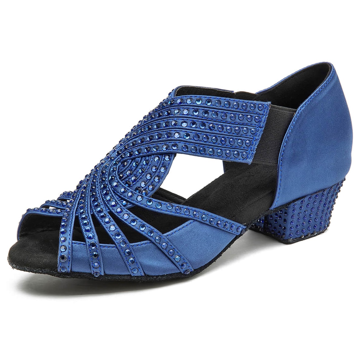 navy blue satin dance shoe for women with 1.5 inch low heel and blue rhinestone straps