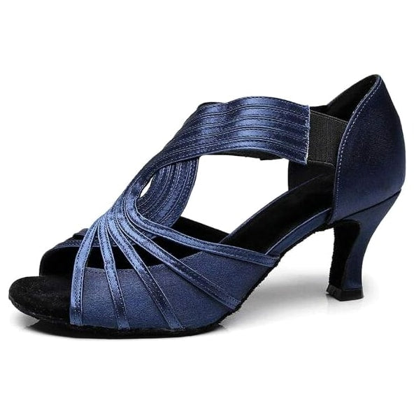 navy blue satin latin dance shoe for women with a fanned multi-strand vamp, ribbed stretch side panel and a flared heel