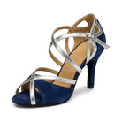 Navy suede salsa dance sandal with silver metallic straps, open toe, cut-out heel counter and slender covered heel, side view