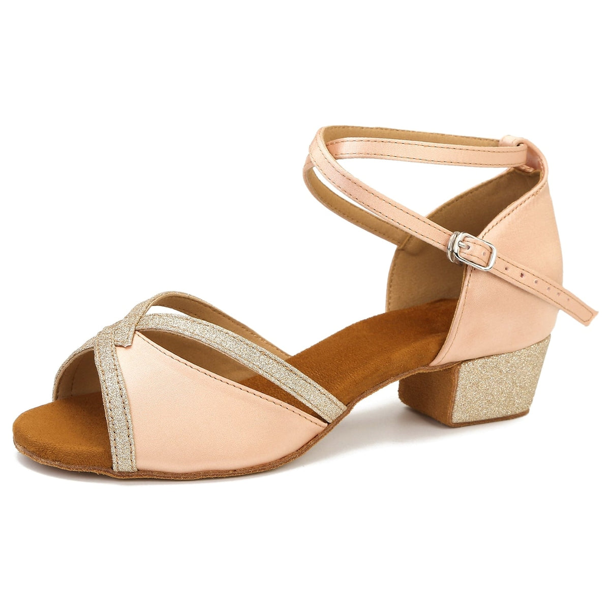 blush satin latin dance shoe for women with gold glitter trimmed crossover straps, crossed ankle strap and a low glitter block heel