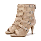 nude suede and mesh dance boot for women with five silver buckle straps and an open peep toe