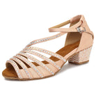 nude satin dance shoe for women with low cuban heel, crystal-lined straps and studded block heel