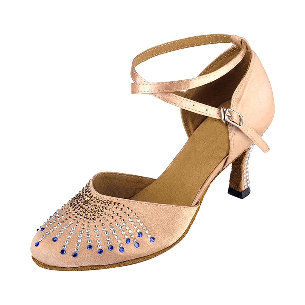 nude satin closed-toe ballroom dance shoe for women, blue rhinestone starburst toe, cross ankle strap