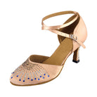 nude satin closed-toe ballroom dance shoe for women, blue rhinestone starburst toe, cross ankle strap