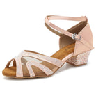 nude rhinestone dance shoe for women with low cuban heel, mesh panels and crystal-studded block heel