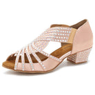 nude satin rhinestone dance shoe for women with low cuban heel, fan-shaped crystal straps and open toe