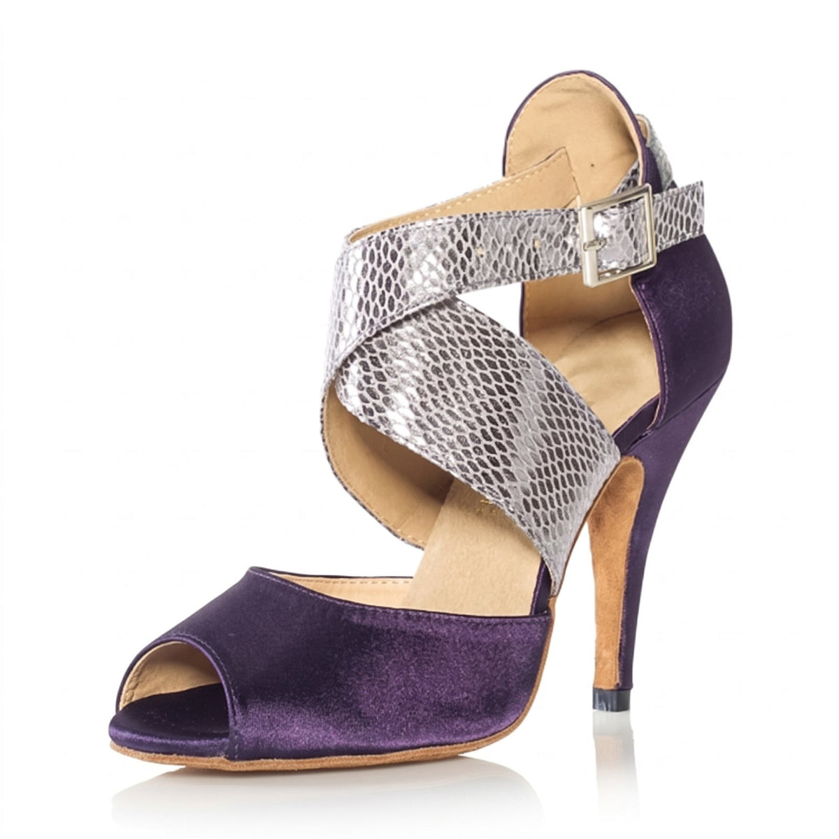 Purple Latin dance shoe for women in satin, wide silver crossover fastening and square buckle above a peep toe
