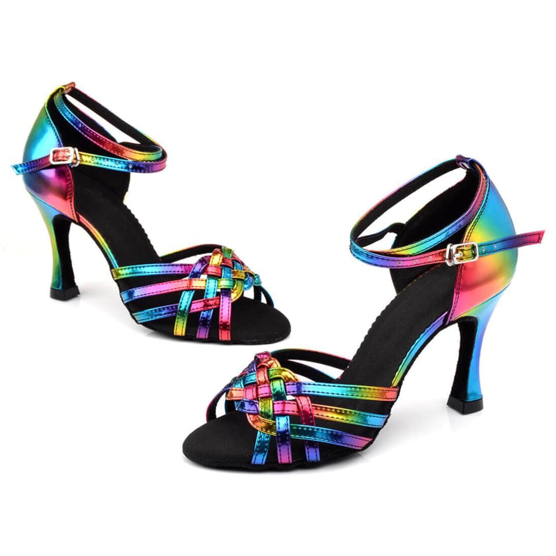 black and rainbow latin dance shoes for women with a basket-woven open toe, buckled ankle strap and slim stiletto heel