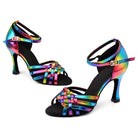 black and rainbow latin dance shoes for women with a basket-woven open toe, buckled ankle strap and slim stiletto heel