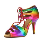 rainbow metallic lace-up latin dance bootie for women with red laces, cutout side panels, peep toe and a tall stiletto heel