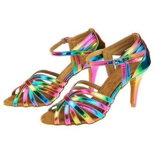 pair of rainbow metallic leather latin dance shoes for women with a fanned five-strap open toe, thin buckled ankle strap and slim flared heel