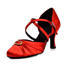 red satin closed-toe ballroom dance shoe for women, pleated toe with rhinestone buckle accent