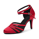 red satin closed-toe ballroom dance shoe for women, mesh cutout panel, ankle strap, slim stiletto heel