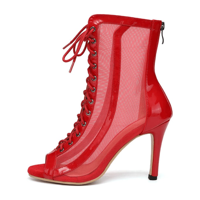 red patent and sheer mesh lace-up open-toe dance boot for women, back zip and slim stiletto heel