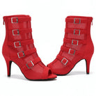 red net mesh dance booties for women with five silver buckle straps, open toe and stiletto heel