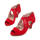 pair of red suede latin dance boots for women with a fanned cutout upper, back zip, peep toe and a flared heel