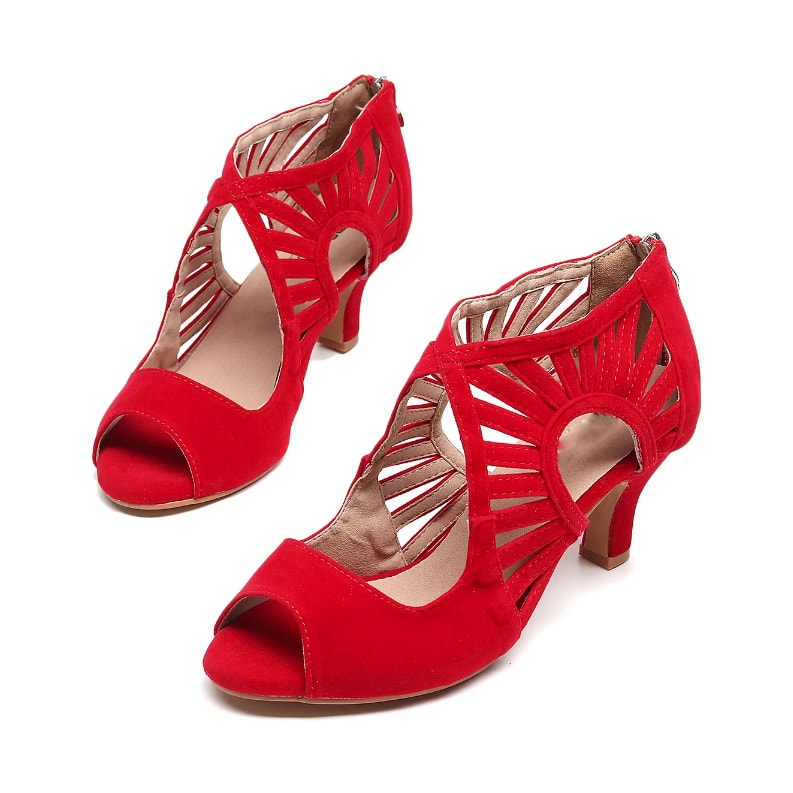 pair of red suede latin dance boots for women with a fanned cutout upper, back zip, peep toe and a flared heel