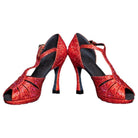 pair of red glitter rhinestone samba platform dance heels for women with t-strap and peep toe
