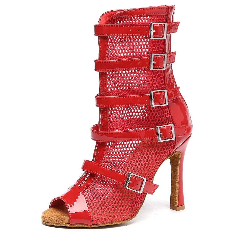 red patent and fishnet mesh dance boot for women, five silver buckle straps and open toe with suede sole