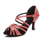 red satin dance shoe for women with clear rhinestone straps on black lining and crystal buckle
