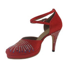 red satin closed-toe samba platform dance shoe for women with rhinestone sunburst toe design