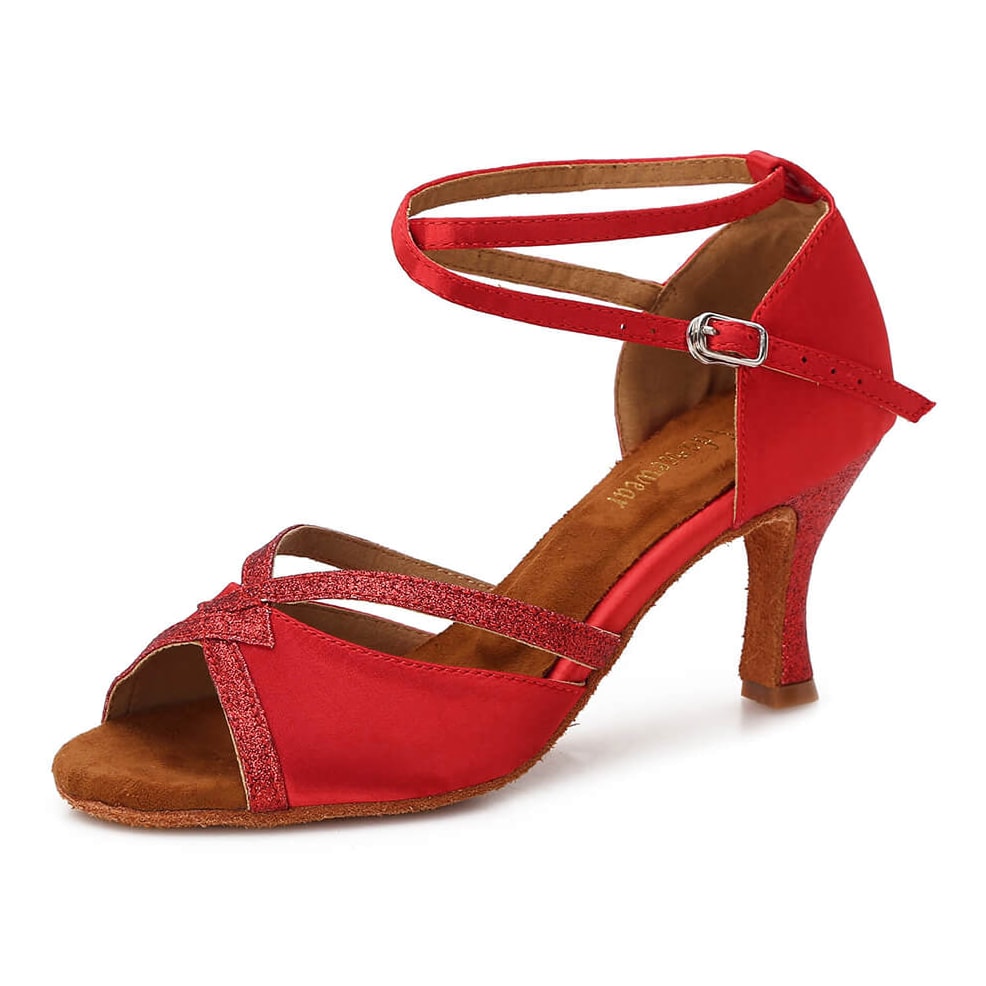 red satin latin dance shoe for women with red glitter trimmed crossover straps, crossed ankle strap and a flared heel