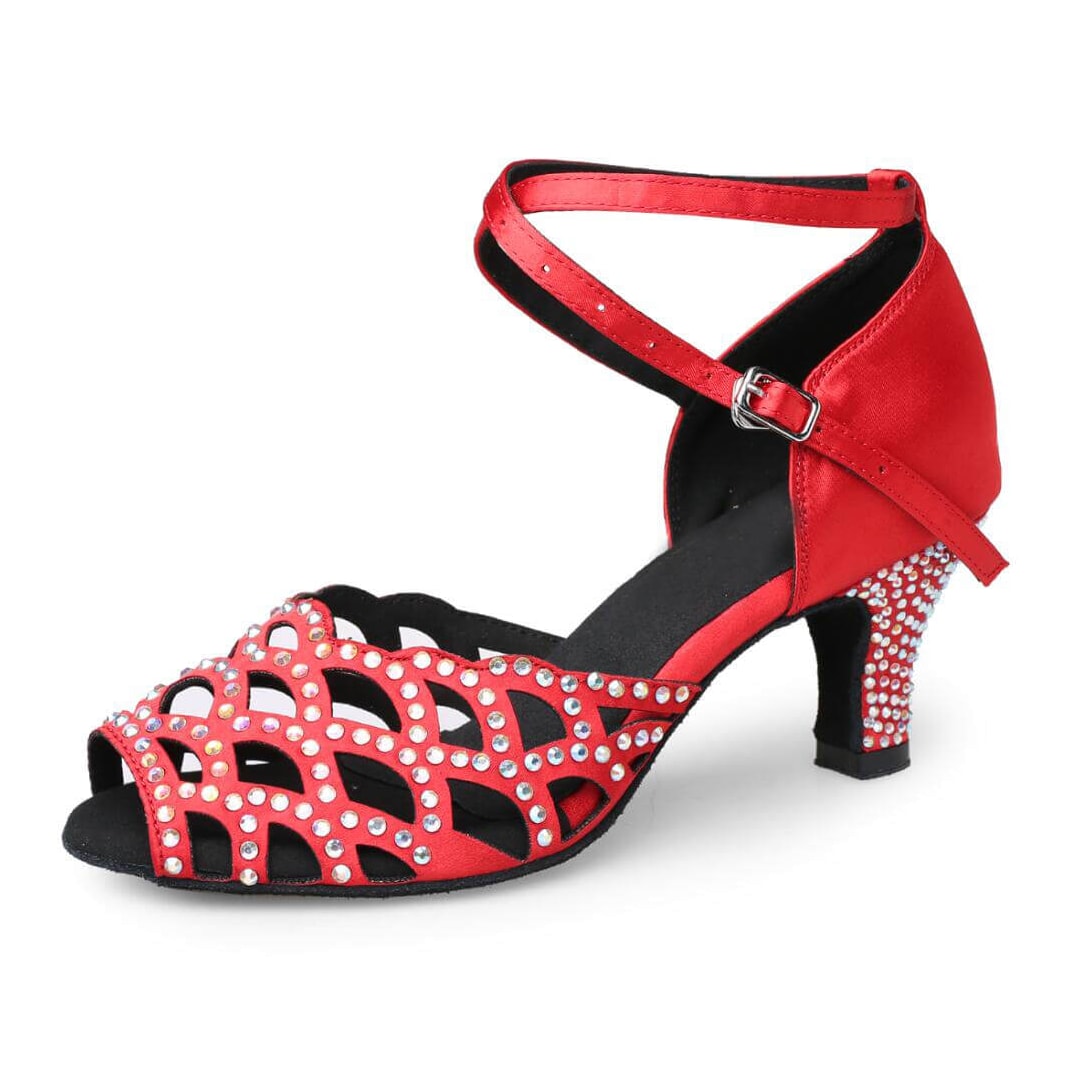 red satin dance shoe for women with rhinestone-outlined cutout upper and crystal-covered flared heel
