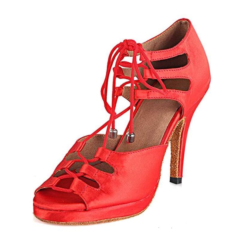 red satin lace-up samba platform dance shoe for women with cutout side panels, peep toe and a tall stiletto heel