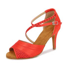 red satin salsa dance shoe for women with rhinestone-studded crossover straps and peep toe