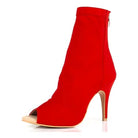 red stretch lycra open-toe ankle dance boot for women, back zip closure and slim stiletto heel