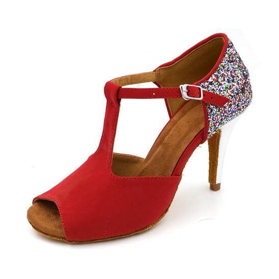 red suede latin dance shoe for women with a T-strap vamp, peep toe and a multicolour glitter heel counter