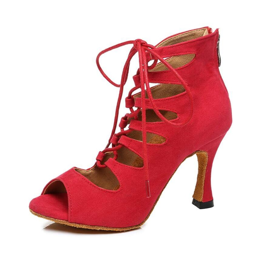 red suede lace-up dance boot for women with teardrop cutouts, peep toe and curved flared heel