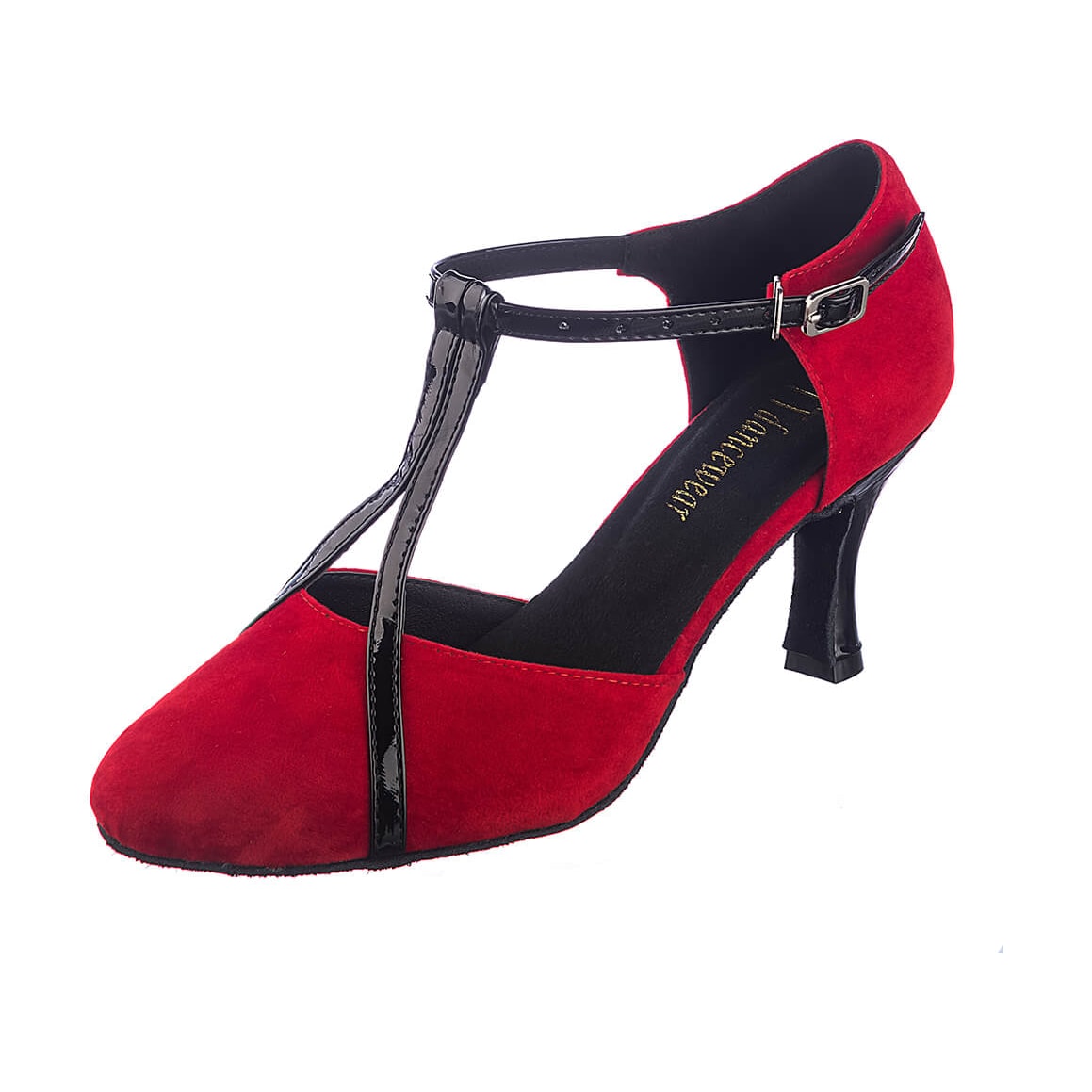 red velvet closed-toe ballroom dance shoe for women, black patent t-strap and covered heel