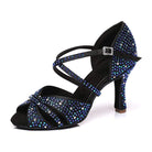 black satin dance shoe for women set with blue AB rhinestones, crossover strap and crystal buckle