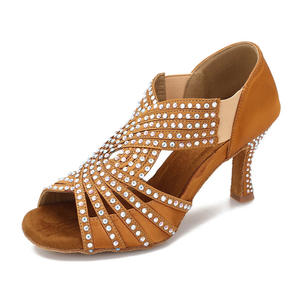 tan satin rhinestone dance bootie for women with AB crystal straps and crystal-studded heel