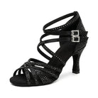 black satin strappy dance heel for women with black rhinestones and double crystal buckles