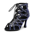 black cutout dance boot for women with blue rhinestone-covered straps and a flared stiletto heel