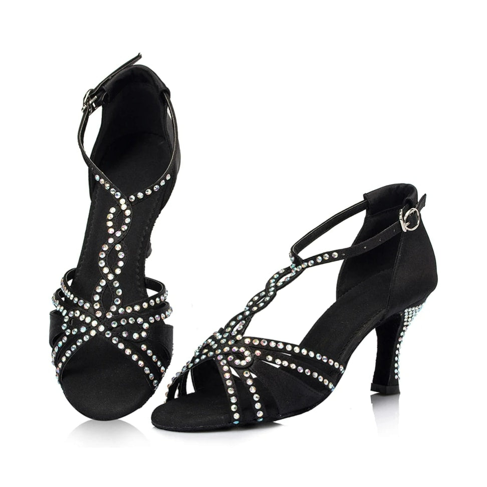 pair of black satin performance dance shoes for women with rhinestone swirl straps and crystal heels
