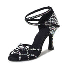 black satin dance shoe for women set with AB rhinestones and pearls, caged toe straps and open toe